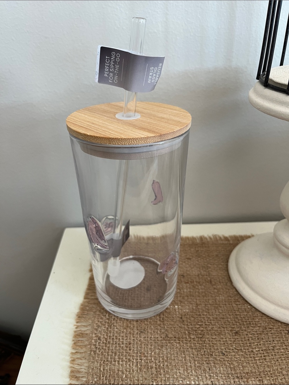 Clear Acrylic Tumbler with Bamboo Lid and Pink Accent Designs